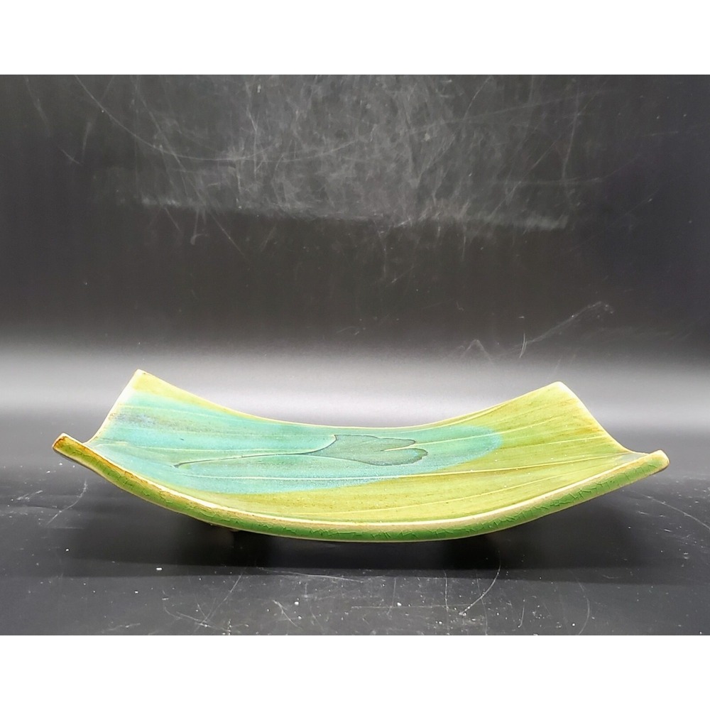 Vintage Studio Art Pottery Green Rectangular Bowl Impressed Leaves Signed EG 9"
